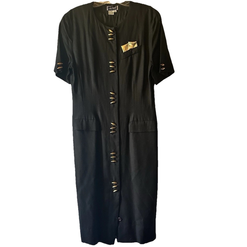 Vintage 80s Emily Daniell Midi Dress Black Gold Buttons Minimalist Sheath 10